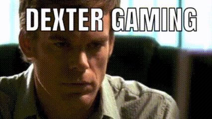 a close up of a man 's face with the words dexter gaming below him