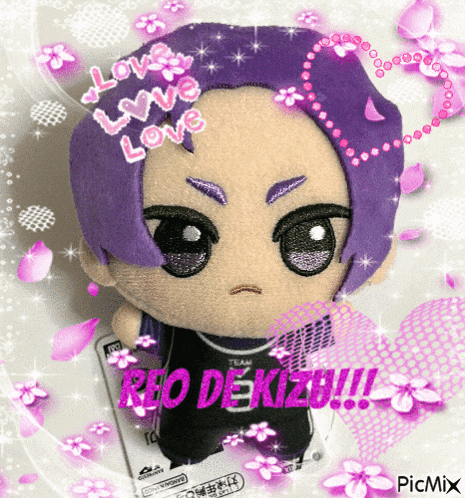 a stuffed toy with purple hair and the words love love love