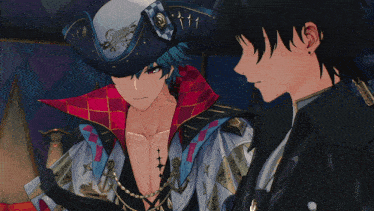 a man in a pirate hat stands next to a man in a black jacket