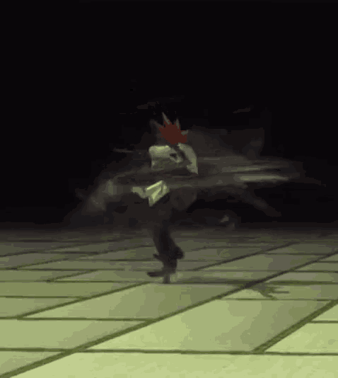 a person is standing on a tiled floor in the dark .