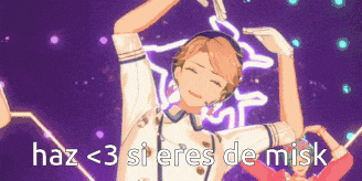 a cartoon character is making a heart shape with his hands and the words haz < 3 si eres de misk below him