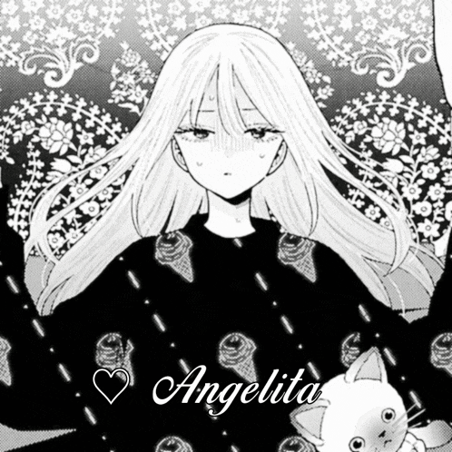 a black and white drawing of angelita with a cat
