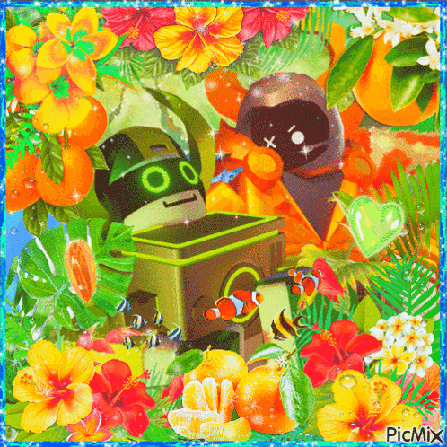 a picture of a robot surrounded by fruits and flowers with the words picmix on the bottom right