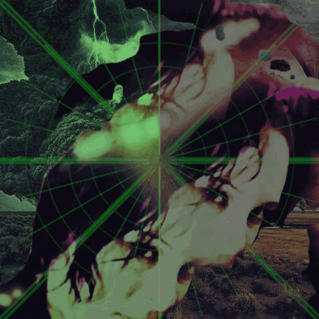a painting of a person with a green grid around it