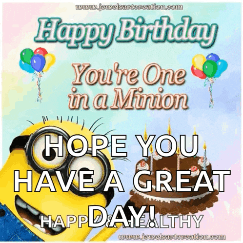 a happy birthday card with a minion holding a cake and balloons