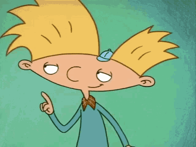 a cartoon character with blonde hair and a blue hat is pointing up with his finger .