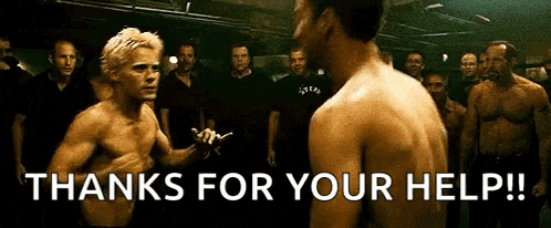 a group of men are standing around a shirtless man with the words thanks for your help