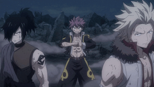 three anime characters are standing next to each other and one of them has the letter p on his arm