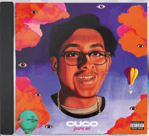 a cd cover for cuco para mi shows a man with glasses and a hot air balloon