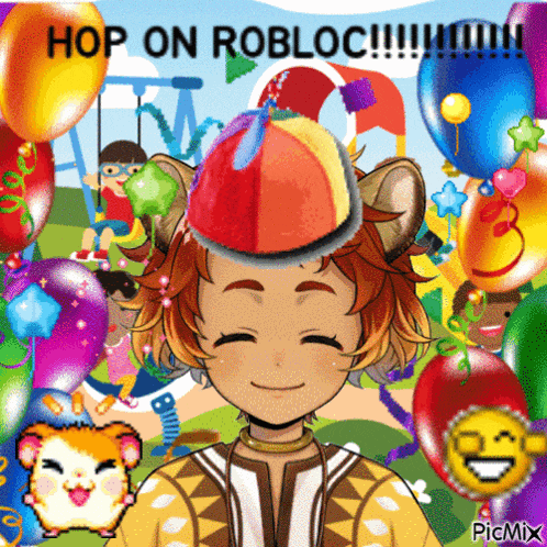 a picture of a boy wearing a party hat with the words hop on roblox