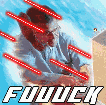 a man with glasses is surrounded by red lightsabers and the words fuuuck