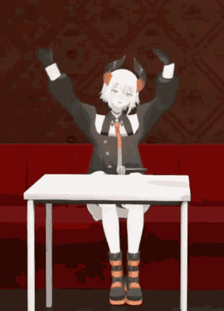 a girl with horns sits at a table with her arms outstretched
