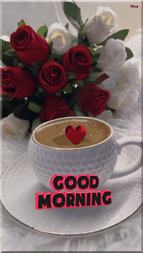 a cup of coffee with a heart in it and the words " good morning "