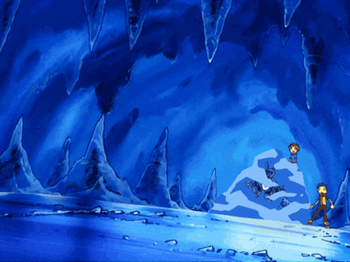 a cartoon scene of a cave filled with ice and icicles