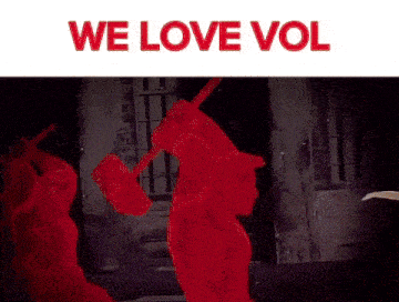 a red background with the words `` we love vol '' in red letters .