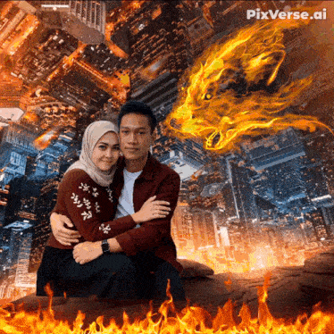 a man and a woman are posing for a picture with a fire dragon in the background and pixverse.ai written on the bottom