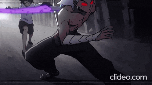 a cartoon of a man with red eyes and a purple light behind him with clideo.com written on the bottom