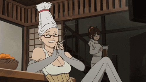 a woman with glasses is smoking a cigarette while another woman holds a cup of coffee