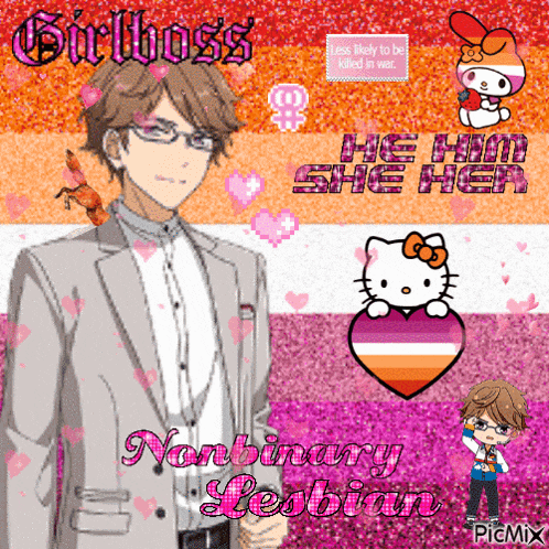 a picture of a man in a suit with a hello kitty heart and the words " nonbinary lesbian "