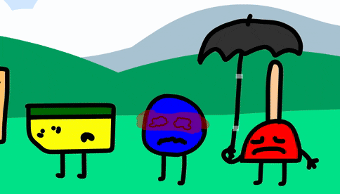 a cartoon of a plunger holding an umbrella next to a blue ball with a sad face