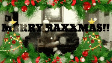 a merry raxmas greeting card with a christmas tree in the background