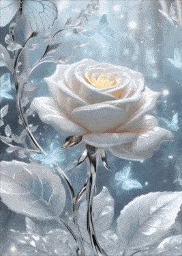 a painting of a white rose with butterflies around it