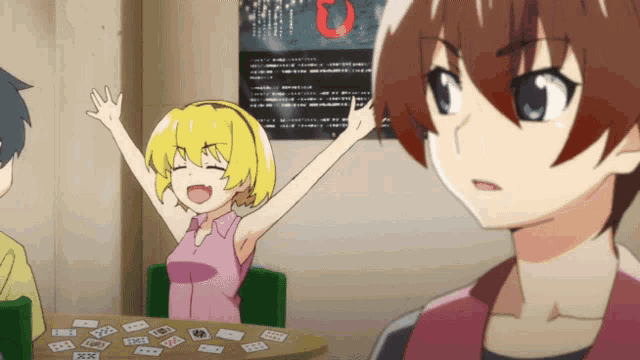 a group of anime characters are sitting around a table with playing cards