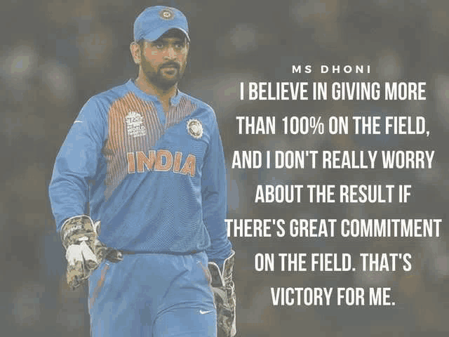 a man in a blue india jersey stands in front of a quote from ms dhoni