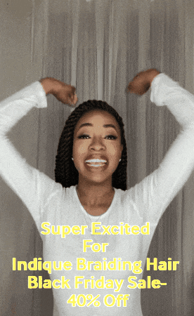 a woman in a white shirt is holding her arms in the air with the words super excited for indicque braiding hair black friday sale