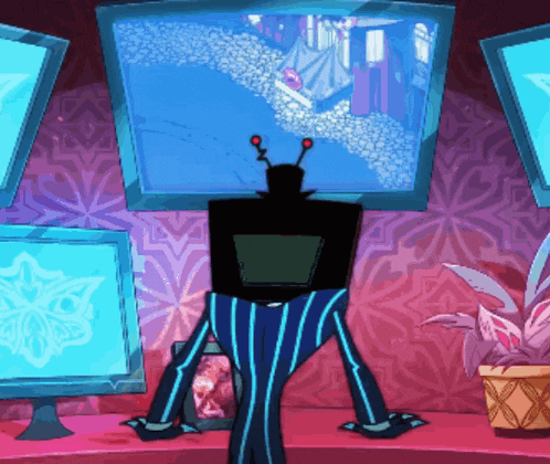 a cartoon character with a television on his head stands in front of a computer monitor