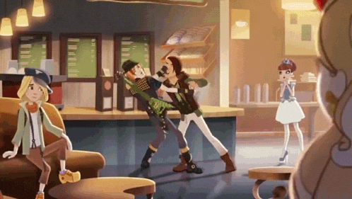 a couple of cartoon characters fighting in a coffee shop