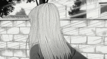 a black and white drawing of a woman with long hair standing next to a brick wall .