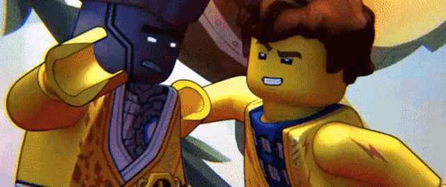 two lego ninjago characters are standing next to each other in a cartoon .