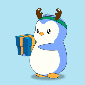 a penguin wearing antlers is holding a blue gift box