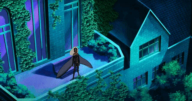 a person with wings is standing on a balcony in front of a house