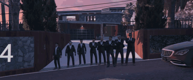 a group of men in suits stand in front of a building with the number 4 on it