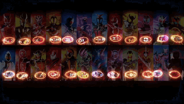 a collage of images of kamen riders with their logos lit up