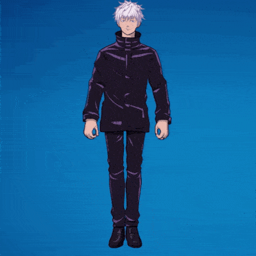 a man in a black jacket and purple pants with his arms outstretched
