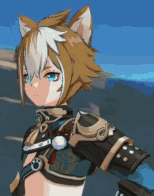 a cartoon character with a cat 's ears and a blue sky behind him