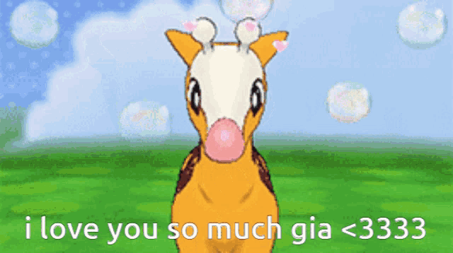 a giraffe blowing a pink bubble with the words " i love you so much gia <3333 " below it