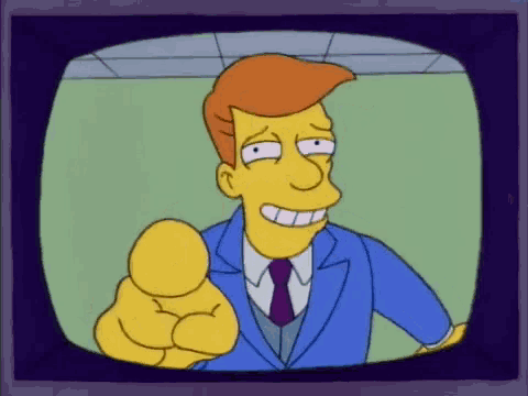a cartoon character is pointing at the camera