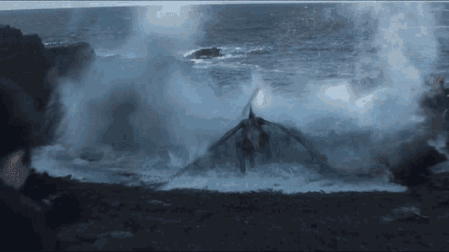 a man stands on a rocky beach watching a dragon in the ocean