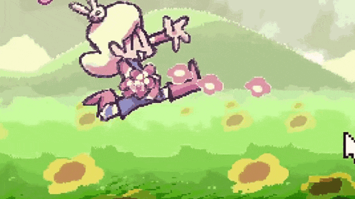 a pixel art of a cartoon character jumping in the air in a field of flowers .