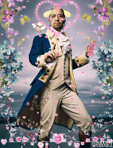 a picture of a man in a blue coat surrounded by flowers and hearts has the word picmix at the bottom