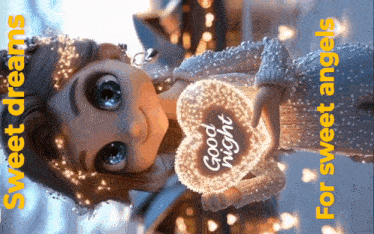 a little girl is holding a heart that says good night