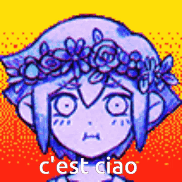 a pixel art drawing of a girl with a flower crown on her head and the words c ' est ciao .