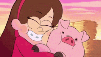 a cartoon girl is holding a pink pig and smiling