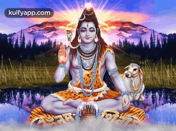 a painting of lord shiva sitting on a tiger