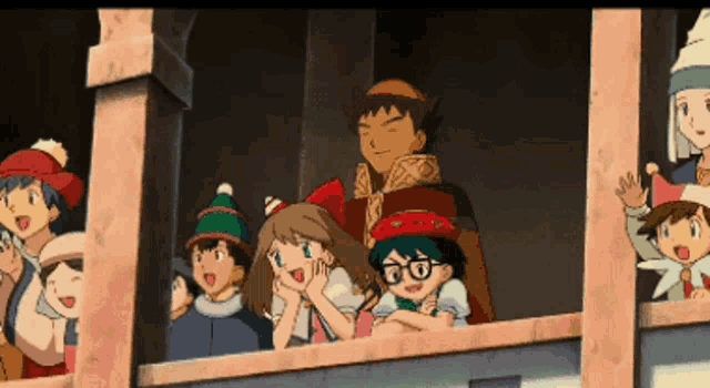 a group of cartoon characters are standing in a balcony
