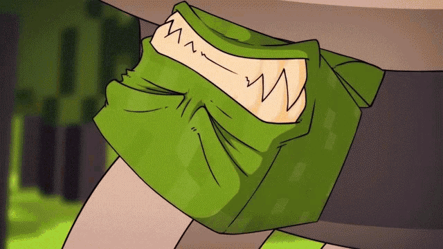 a cartoon drawing of a person with a green bag on their waist that has the letter m on it